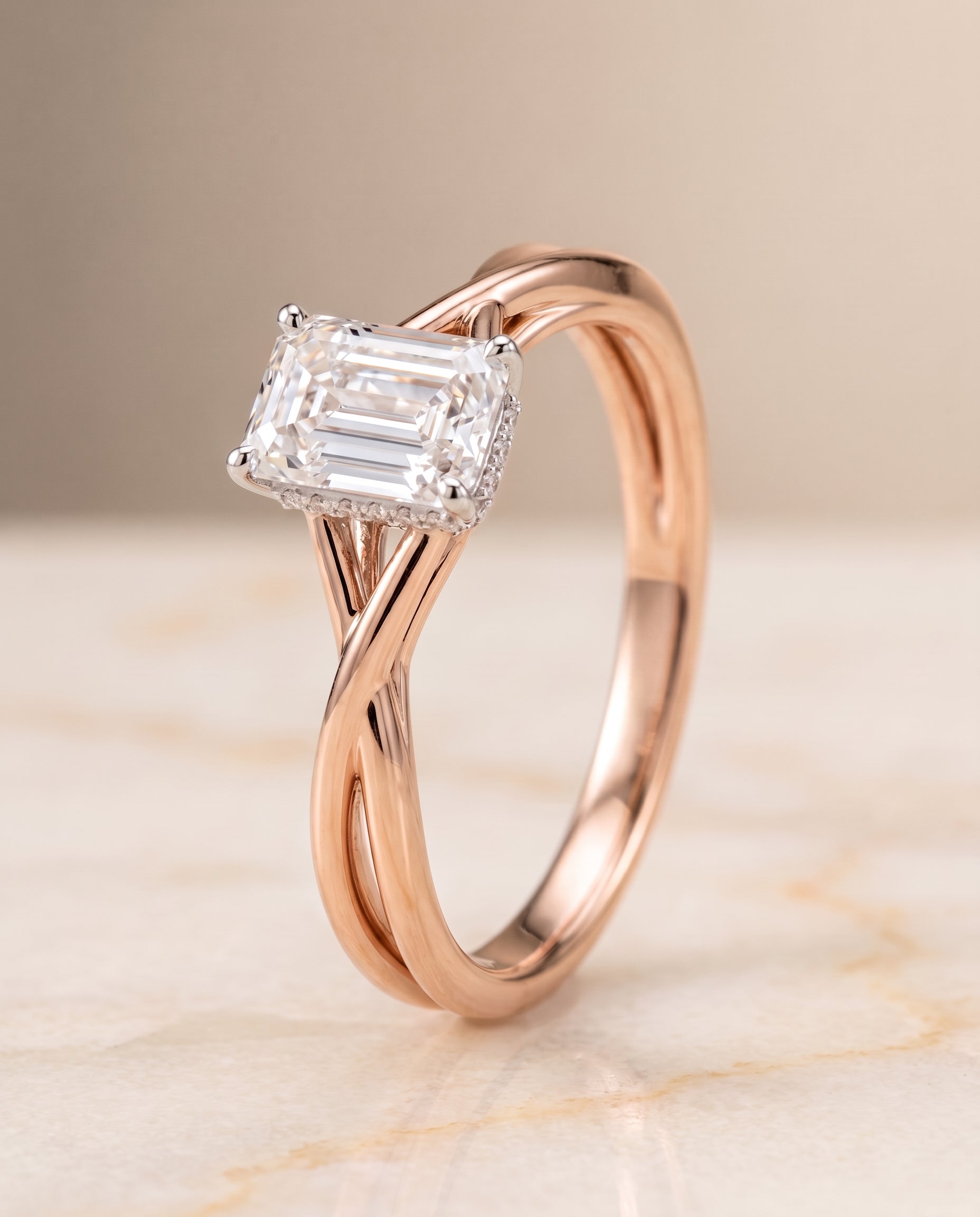 Double Hidden Halo Solitaire Cut styling on The Blondie emerald engagement ring setting | RockHer