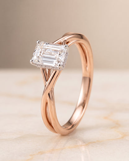 The Blondie Double Hidden Halo Solitaire Emerald Cut Engagement Ring Setting in 14K Rose Gold