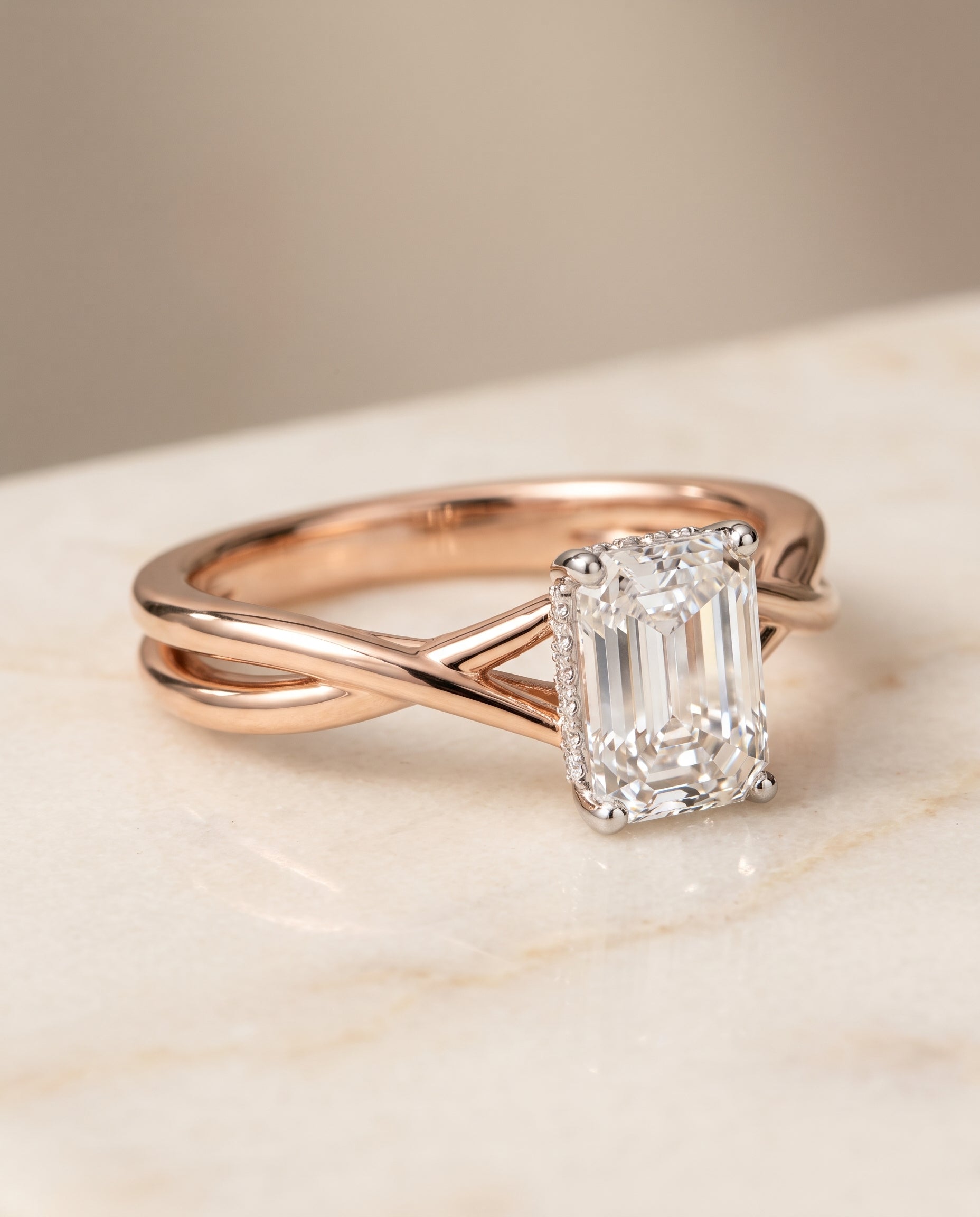 The Blondie Double Hidden Halo Solitaire Emerald Cut Engagement Ring Setting in 14K Rose Gold