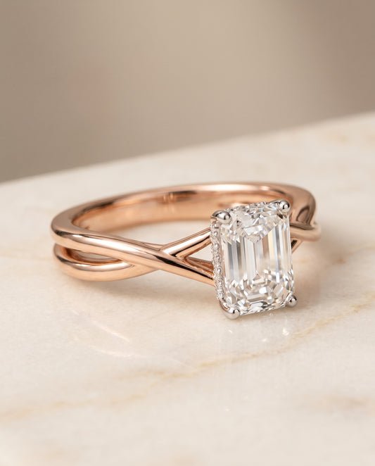 The Blondie Double Hidden Halo Solitaire Emerald Cut Engagement Ring Setting in 14K Rose Gold