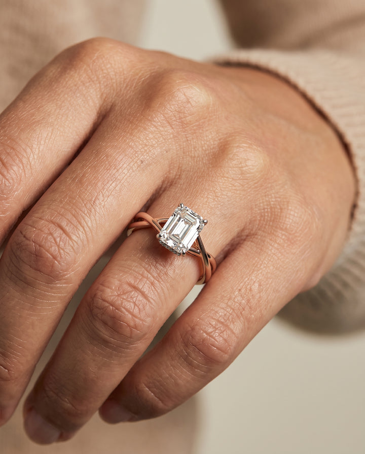 The Blondie Double Hidden Halo Solitaire Emerald Cut Engagement Ring Setting in 14K Rose Gold