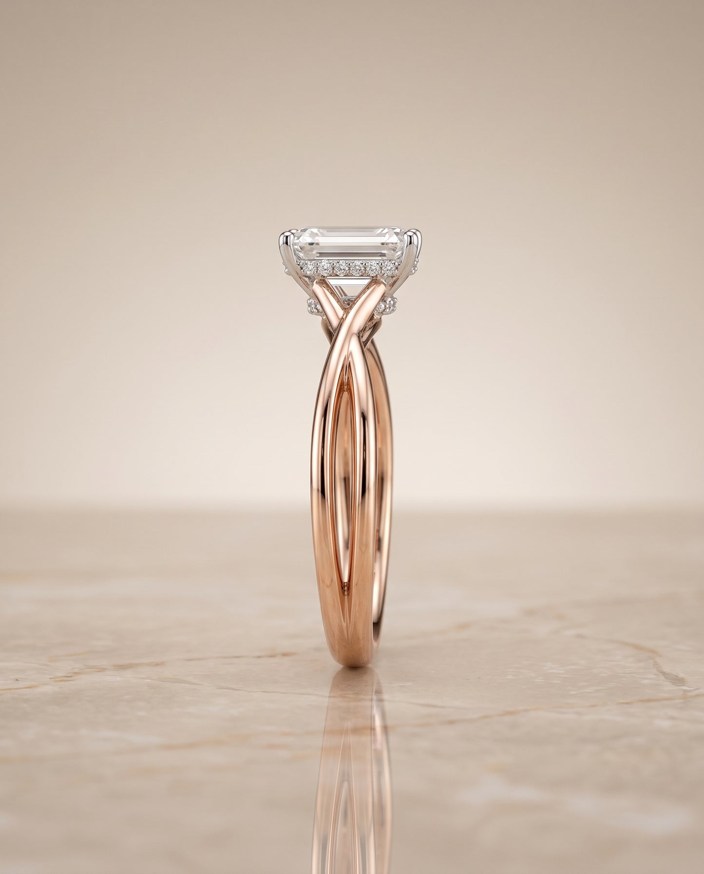 The Blondie Double Hidden Halo Solitaire Emerald Cut Engagement Ring Setting in 14K Rose Gold