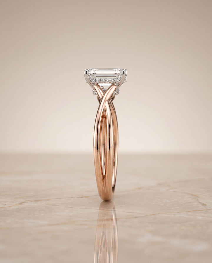 The Blondie Double Hidden Halo Solitaire Emerald Cut Engagement Ring Setting in 14K Rose Gold