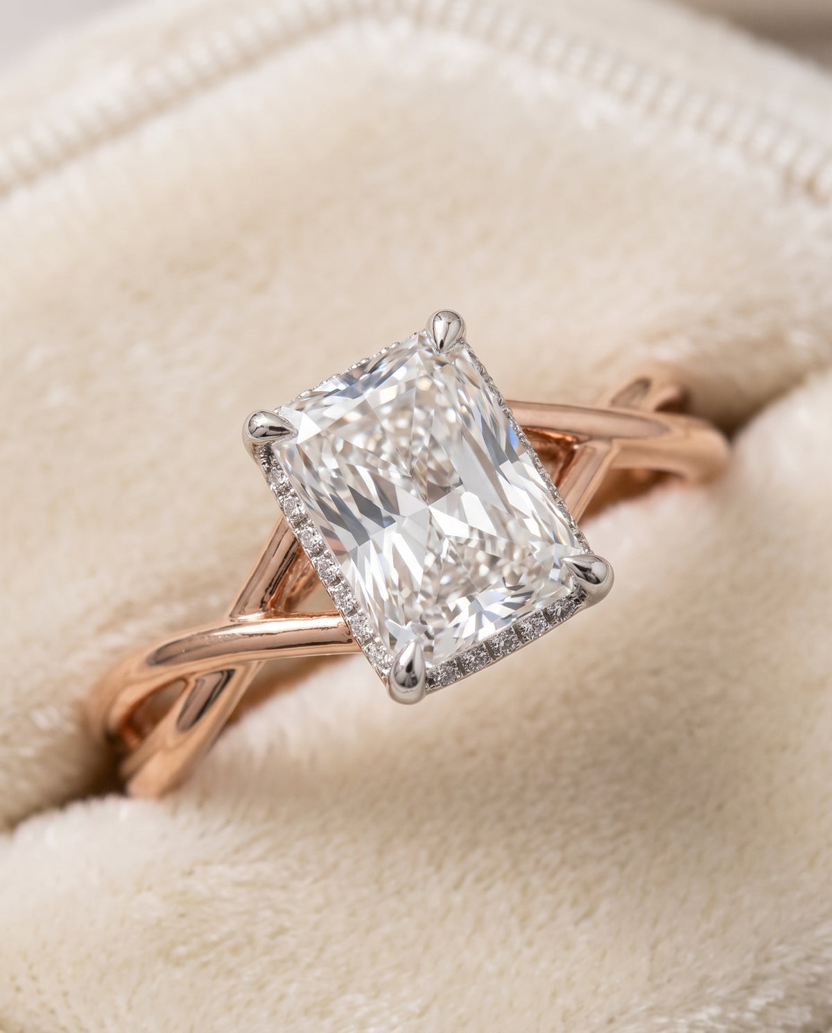 The Blondie Double Hidden Halo Solitaire Radiant Cut Engagement Ring Setting in 14K Rose Gold