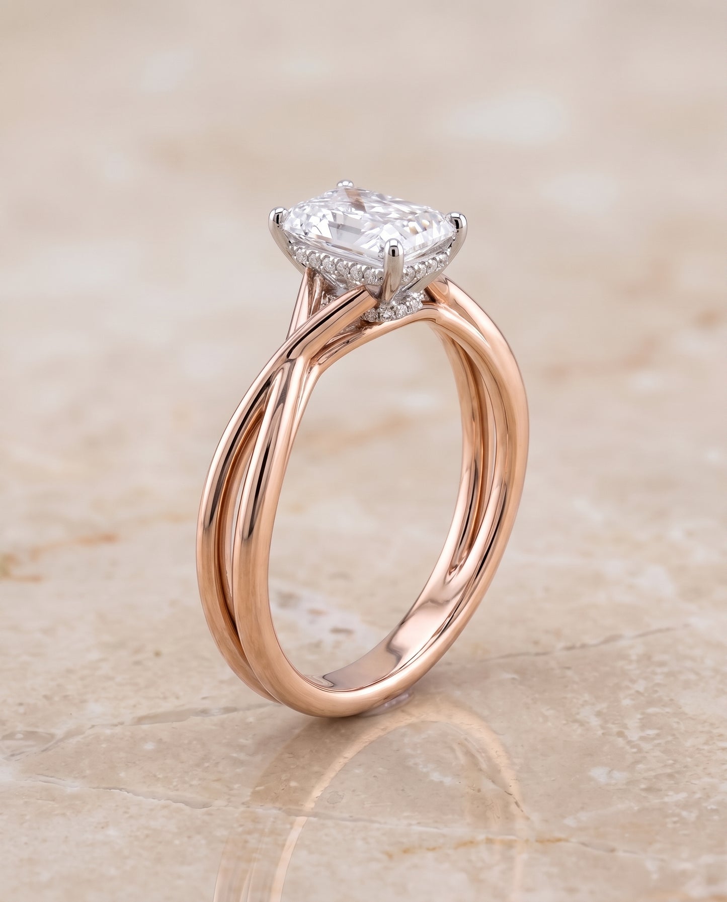 The Blondie Double Hidden Halo Solitaire Radiant Cut Engagement Ring Setting in 14K Rose Gold