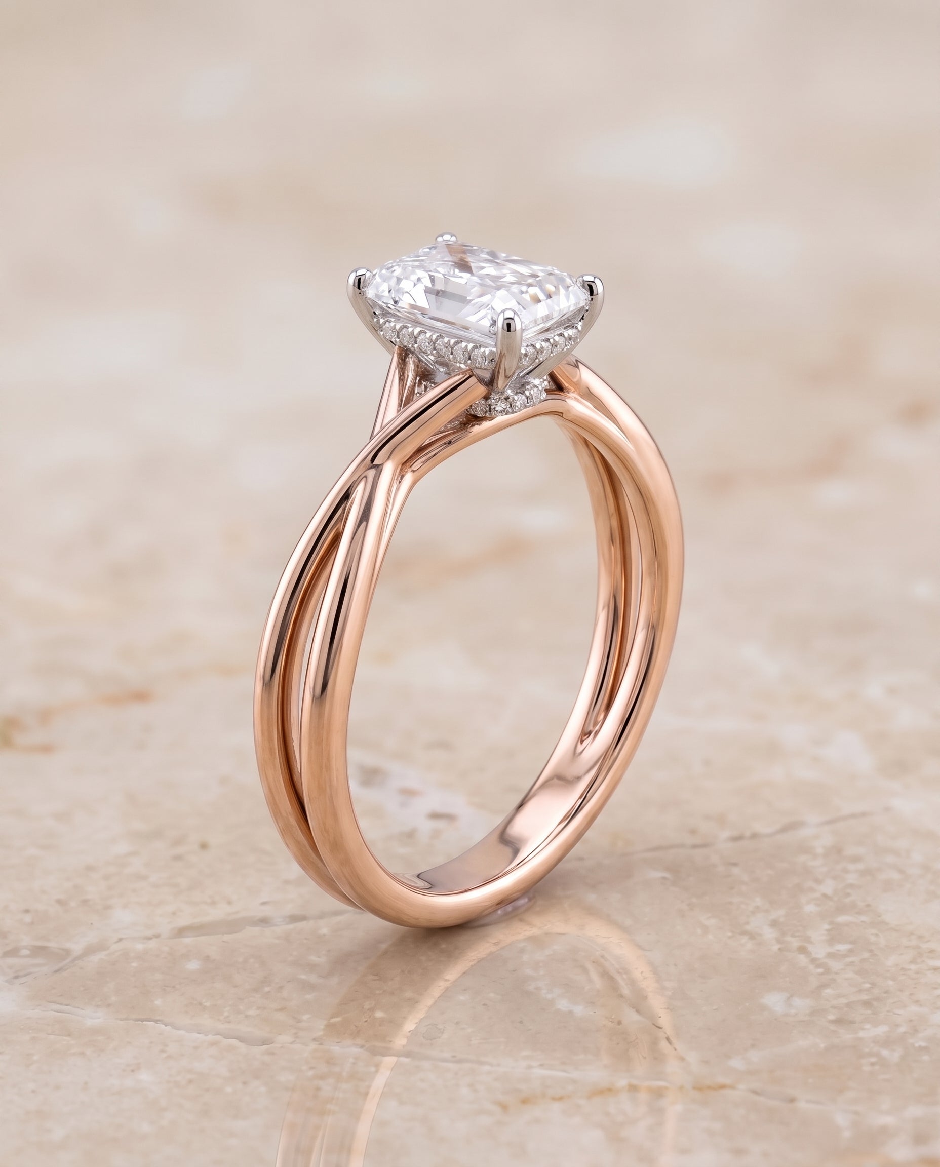 The Blondie Double Hidden Halo Solitaire Radiant Cut Engagement Ring Setting in 14K Rose Gold