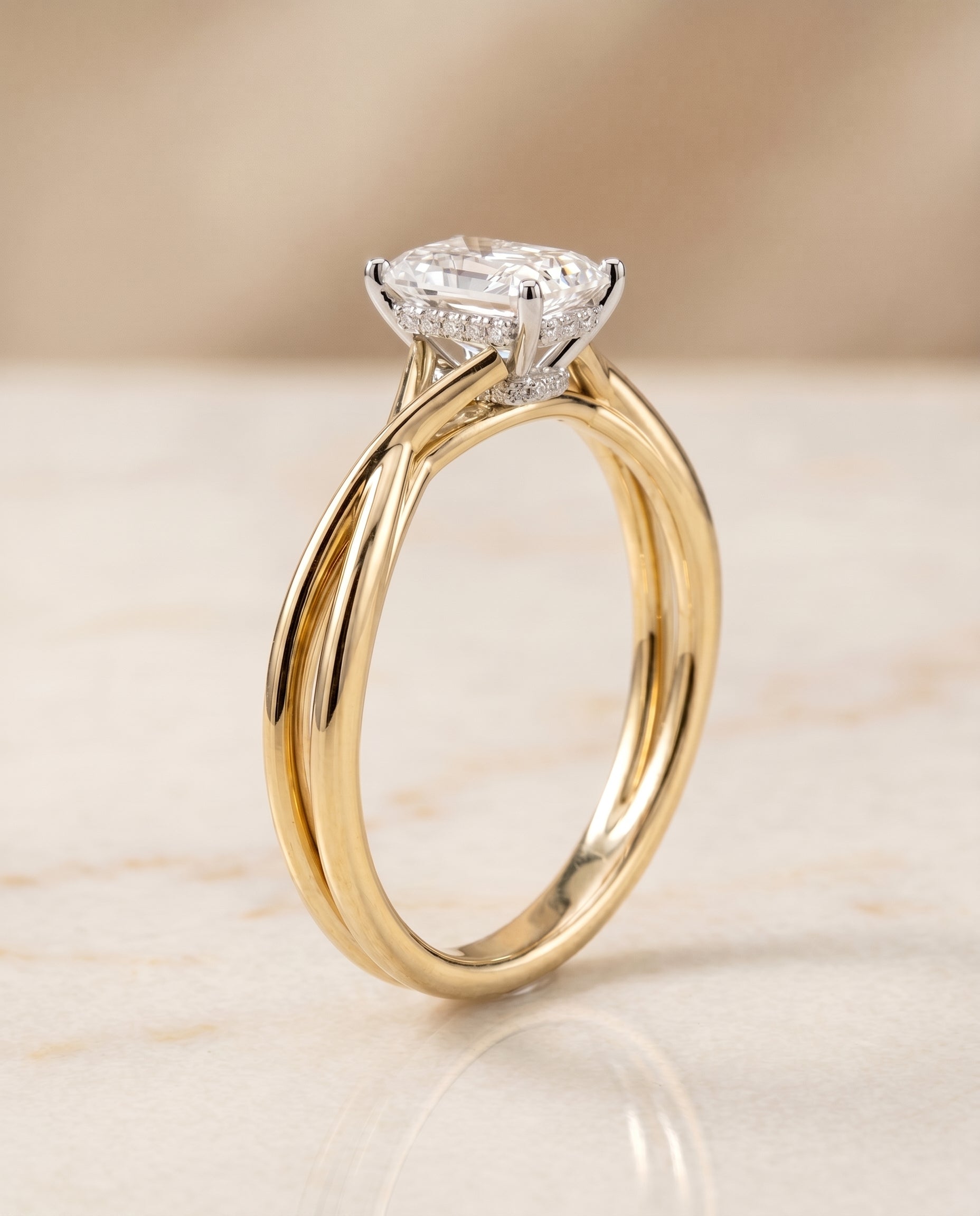 Double Hidden Halo Solitaire Cut styling on The Blondie radiant engagement ring setting | RockHer
