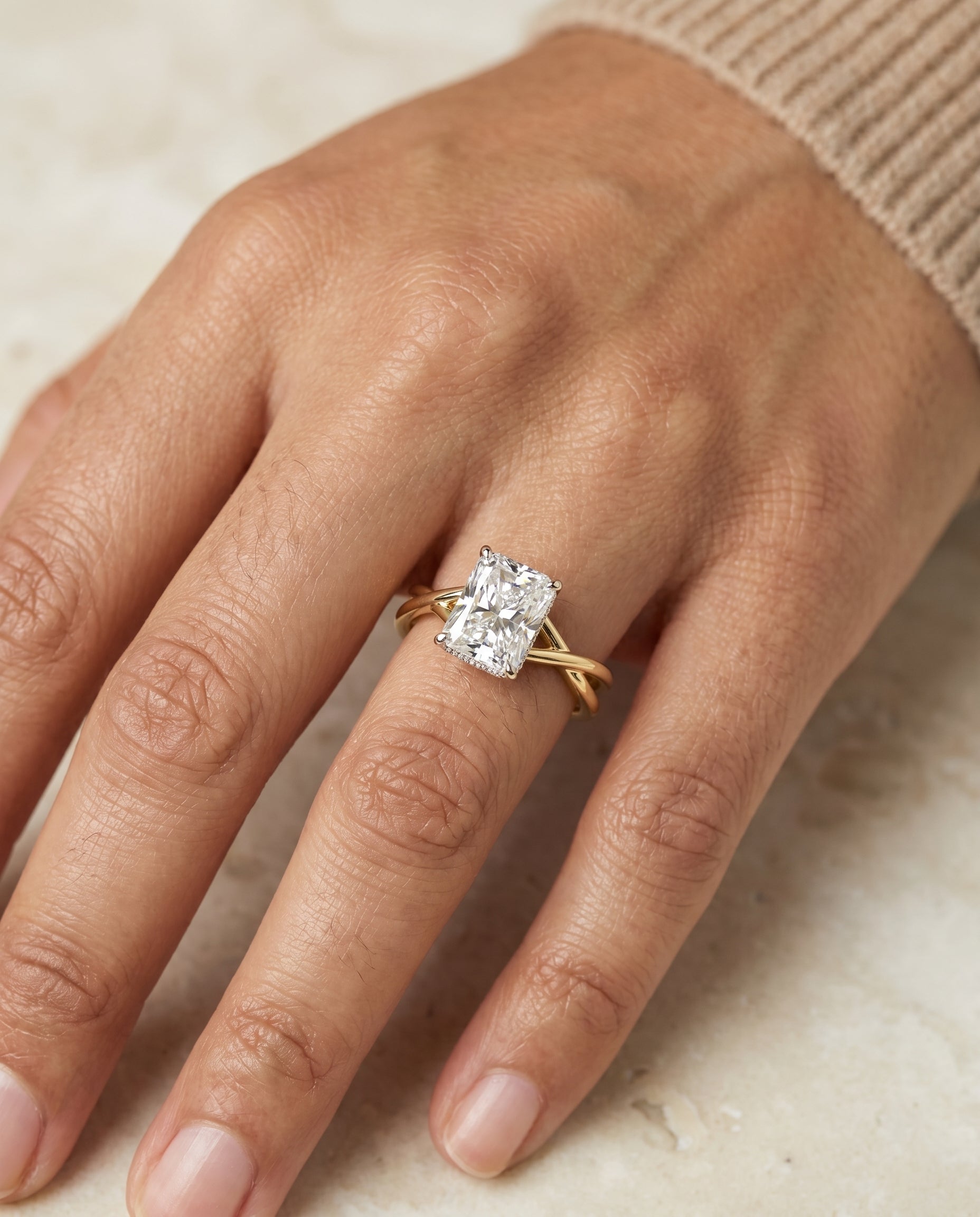 The Blondie engagement ring setting in 18K Yellow Gold, double hidden halo solitaire cut design | RockHer