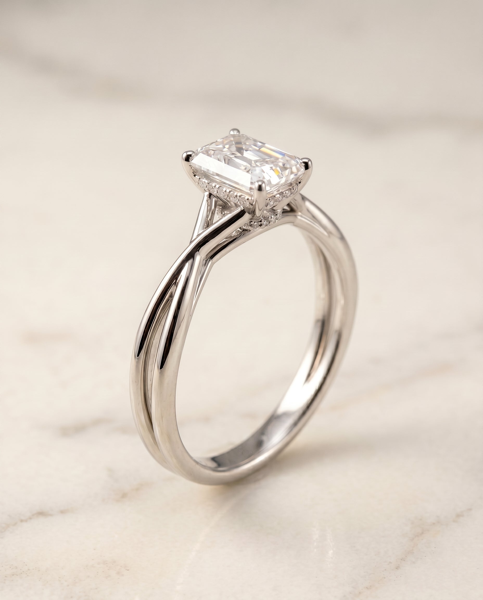 Double Hidden Halo Solitaire Cut styling on The Blondie radiant engagement ring setting | RockHer