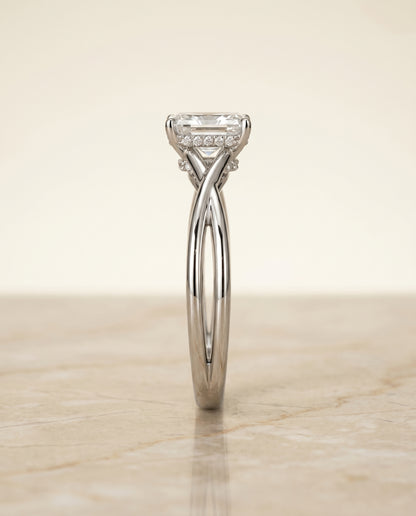 The Blondie Double Hidden Halo Solitaire Radiant Cut Engagement Ring Setting in 18K White Gold