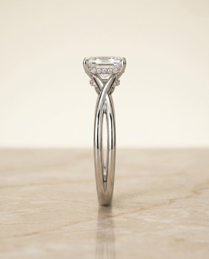 The Blondie Double Hidden Halo Solitaire Radiant Cut Engagement Ring Setting in 18K White Gold