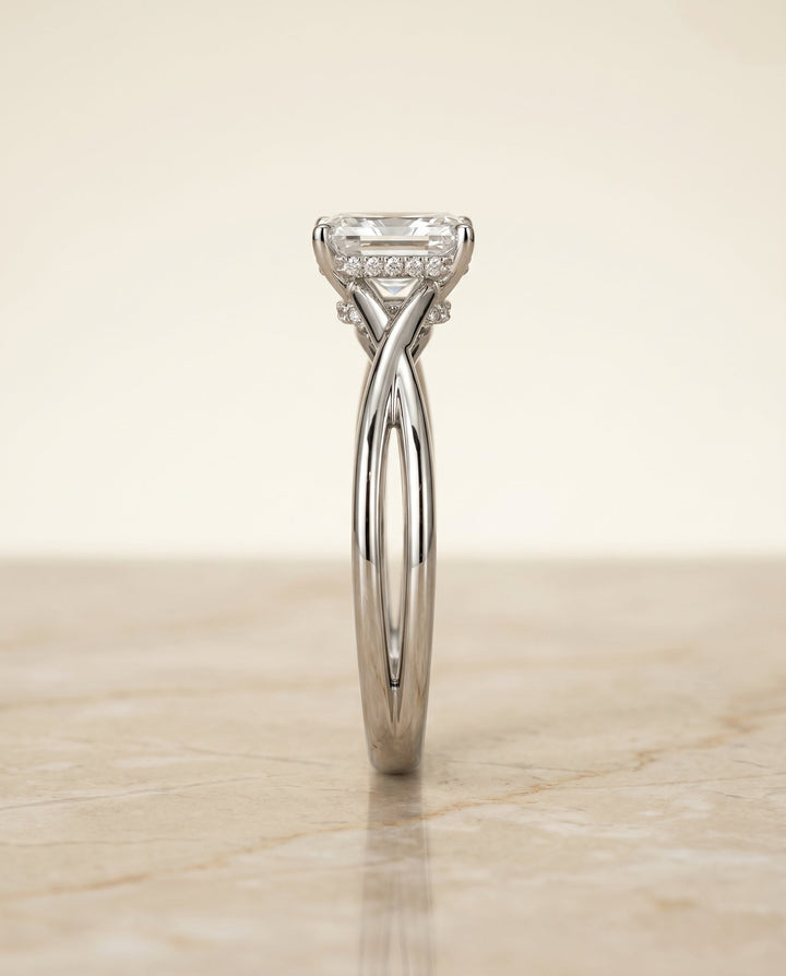 Blondie Select Double Hidden Halo Solitaire Radiant Cut Lab Diamond Engagement Ring in Platinum, side view | RockHer