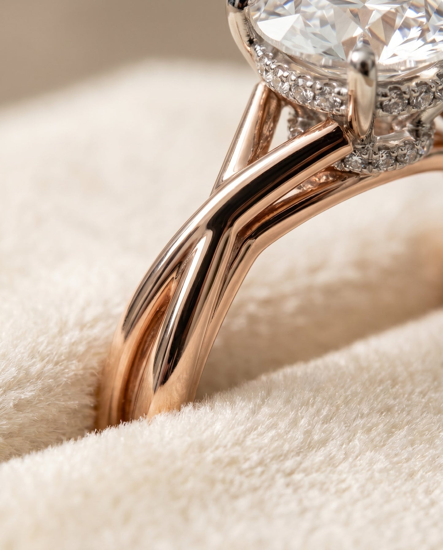 Blondie Select Double Hidden Halo Solitaire Round Lab Diamond Engagement Ring in 14K Rose Gold, detail view | RockHer