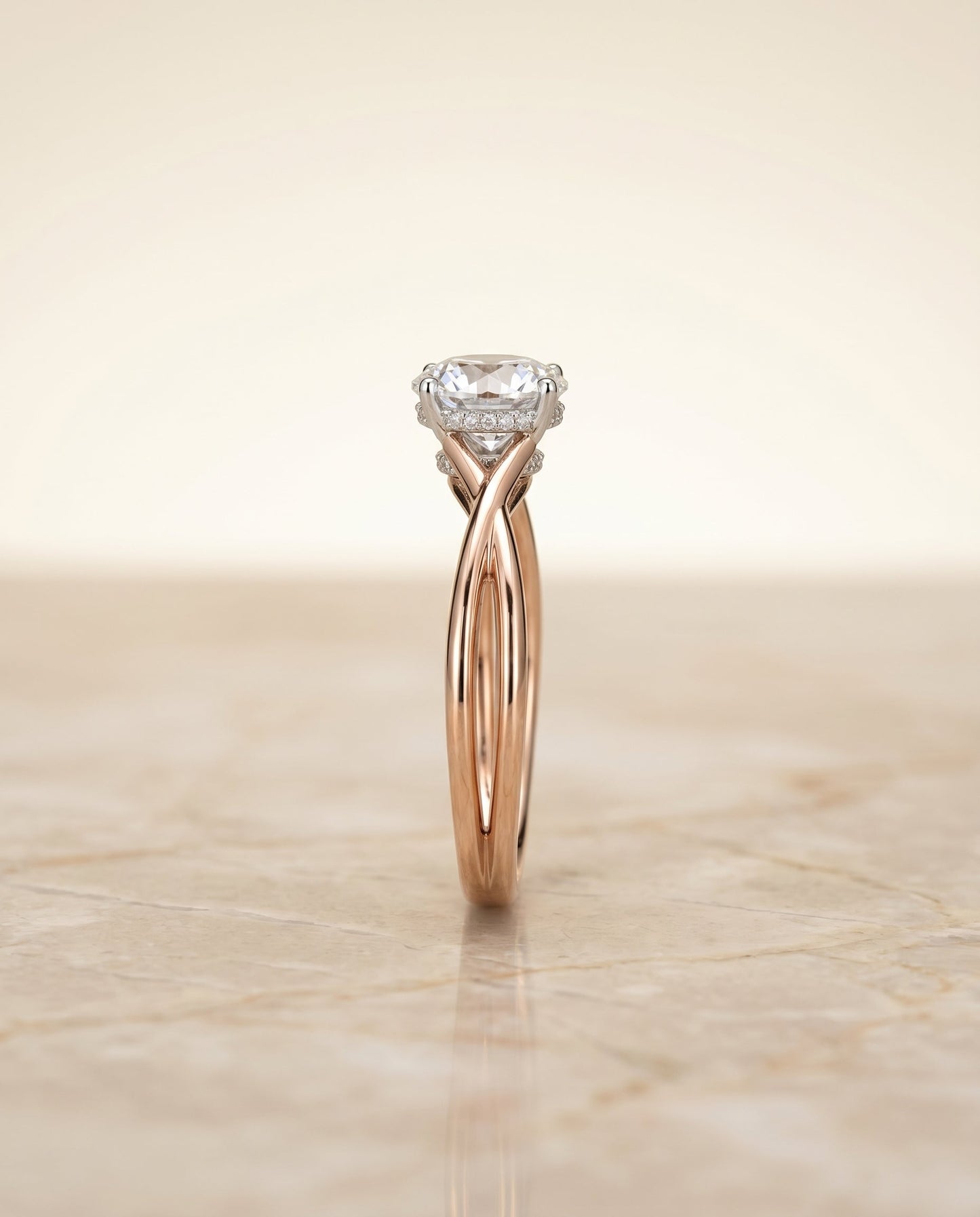 Blondie Select Double Hidden Halo Solitaire Round Lab Diamond Engagement Ring in 14K Rose Gold, side view | RockHer