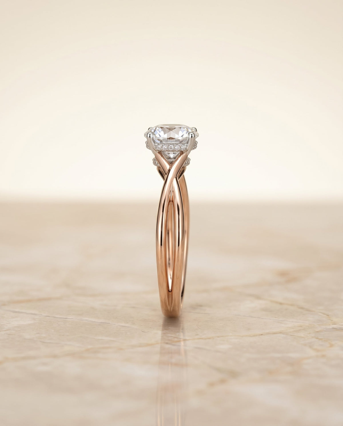 Blondie Select Double Hidden Halo Solitaire Round Lab Diamond Engagement Ring in 14K Rose Gold, side view | RockHer