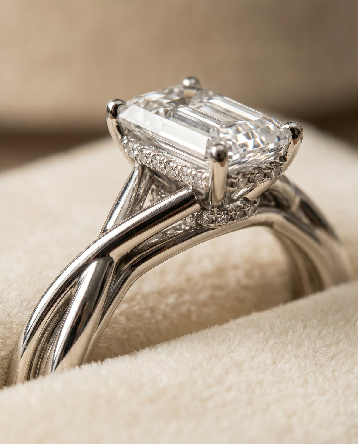 18K White Gold band of The Blondie emerald engagement ring setting | RockHer