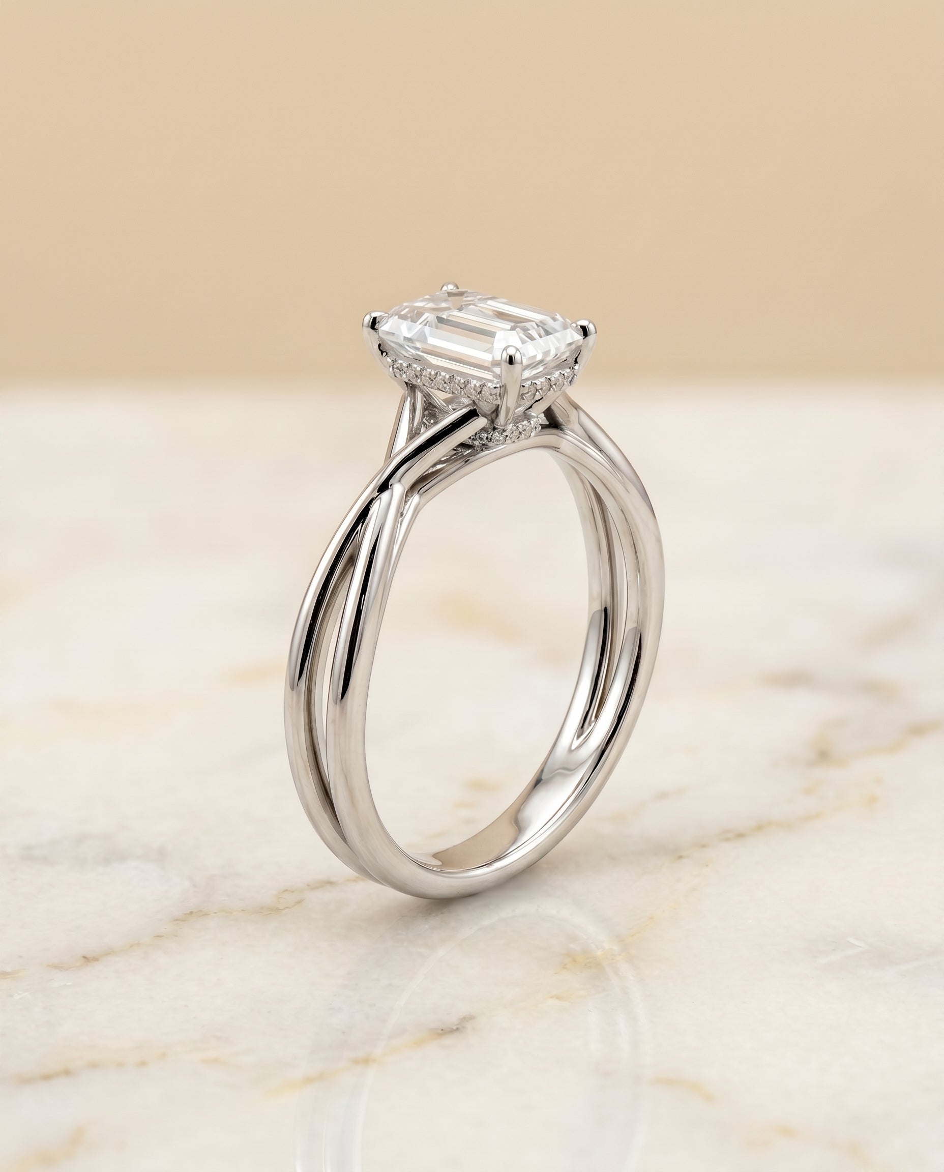 Double Hidden Halo Solitaire Cut styling on The Blondie emerald engagement ring setting | RockHer