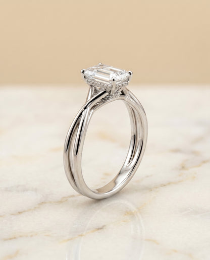 The Blondie Double Hidden Halo Solitaire Emerald Cut Engagement Ring Setting in Platinum