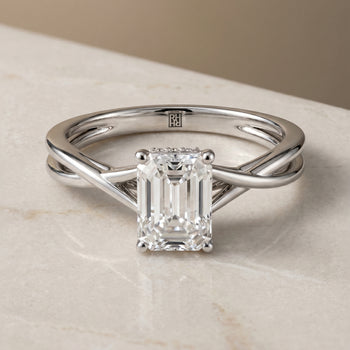 The Blondie Double Hidden Halo Solitaire Emerald Cut Engagement Ring Setting in 18K White Gold
