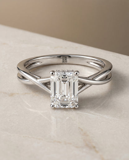 The Blondie Double Hidden Halo Solitaire Emerald Cut Engagement Ring Setting in Platinum