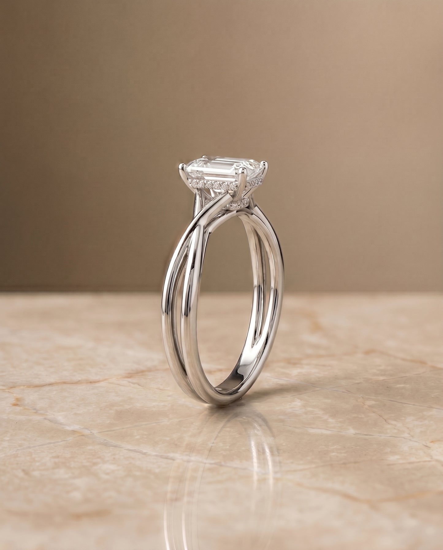 The Blondie Double Hidden Halo Solitaire Emerald Cut Engagement Ring Setting in Platinum