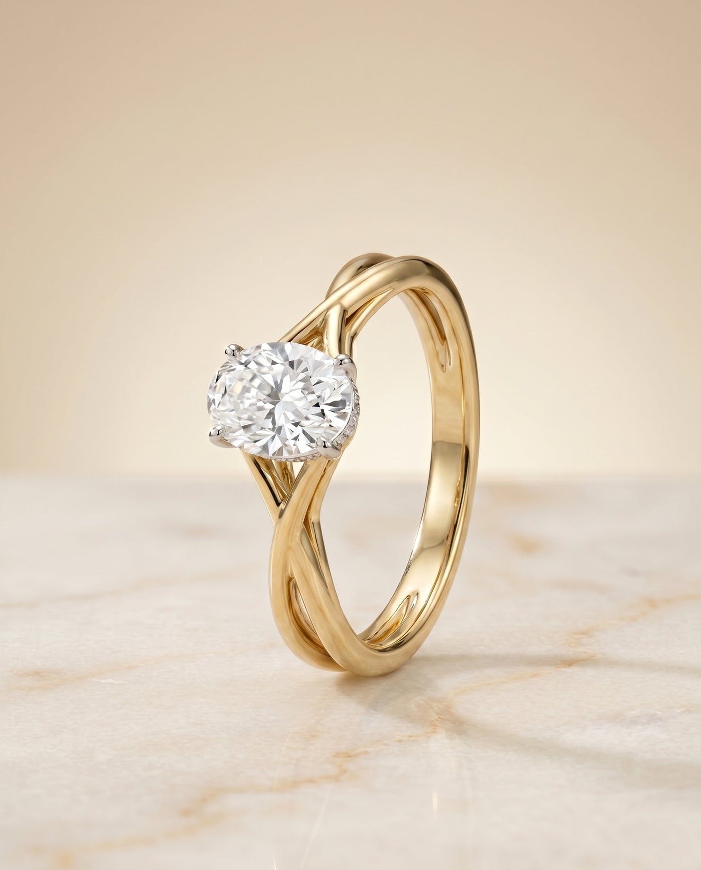 Blondie Select Double Hidden Halo Solitaire Oval Lab Diamond Engagement Ring in 18K Yellow Gold, alternate angle | RockHer