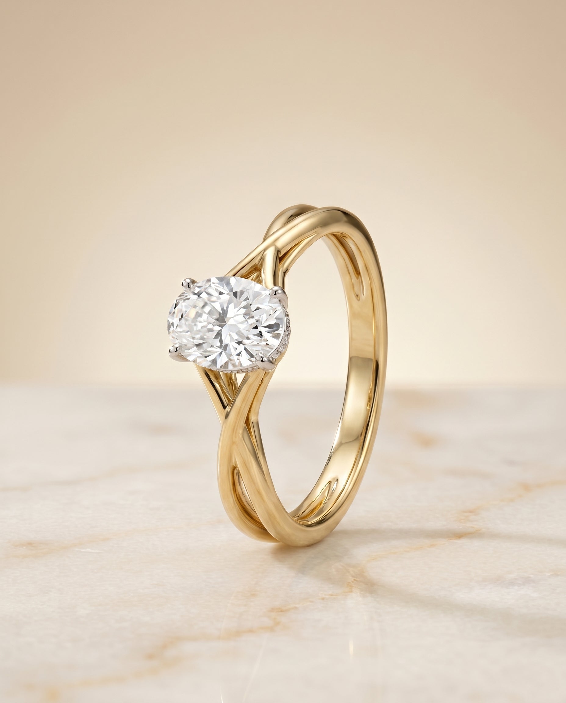 Blondie Select Double Hidden Halo Solitaire Oval Lab Diamond Engagement Ring in 18K Yellow Gold, alternate angle | RockHer