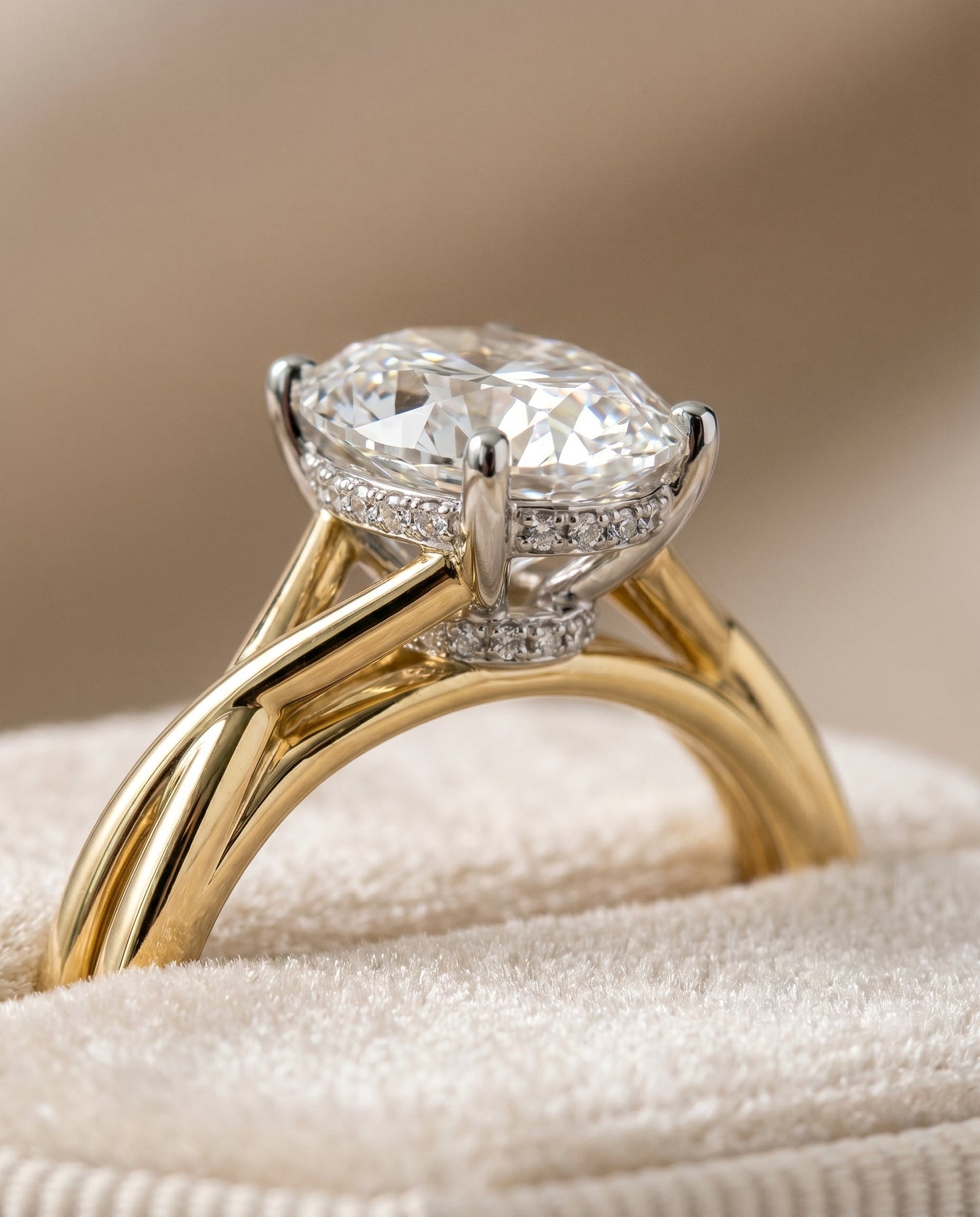 Blondie Select Double Hidden Halo Solitaire Oval Lab Diamond Engagement Ring in 14K Yellow Gold, detail view | RockHer