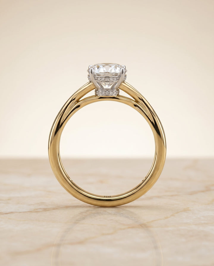 Blondie Select Double Hidden Halo Solitaire Oval Lab Diamond Engagement Ring in 18K Yellow Gold, side view | RockHer