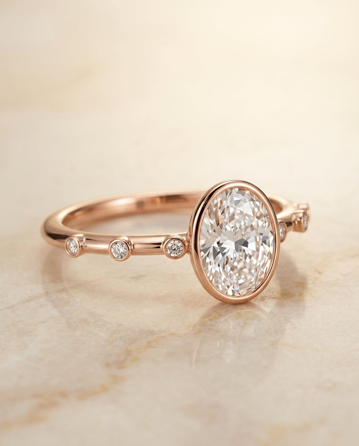 Brandi Select Solitaire Oval Lab Diamond Engagement Ring in 14K Rose Gold, shown on hand, angled | RockHer