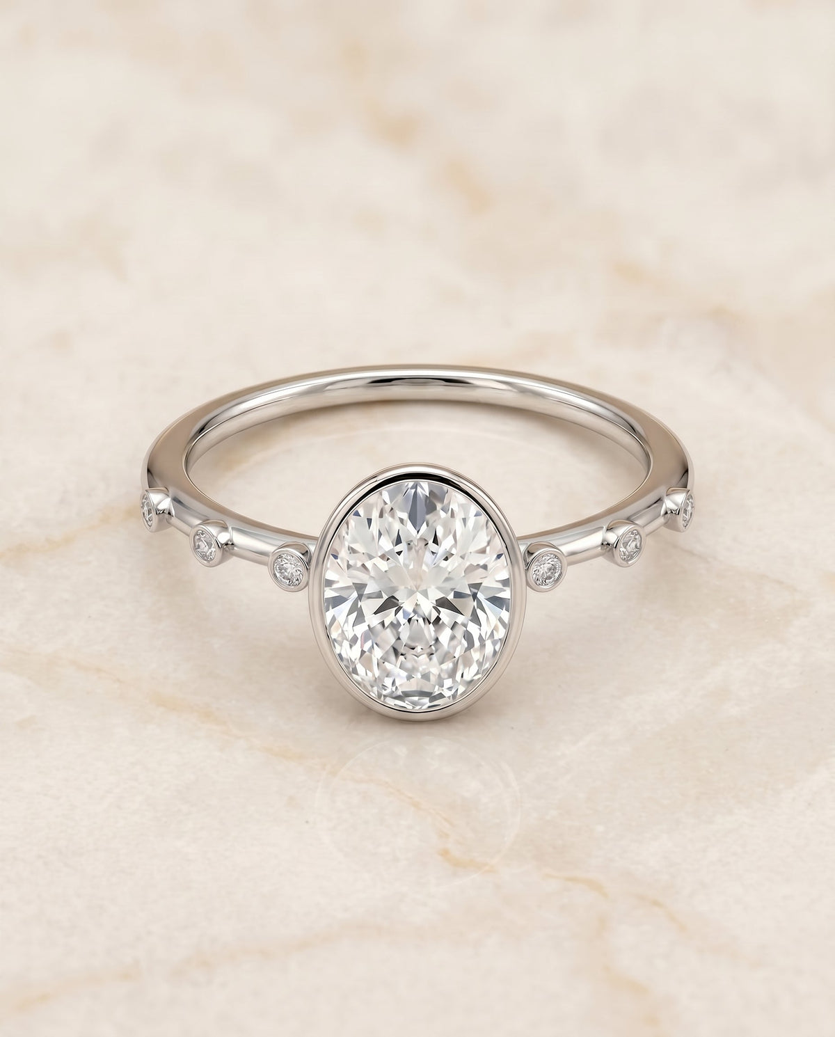 Brandi Select Solitaire Oval Lab Diamond Engagement Ring in 18K White Gold, shown on hand, angled | RockHer