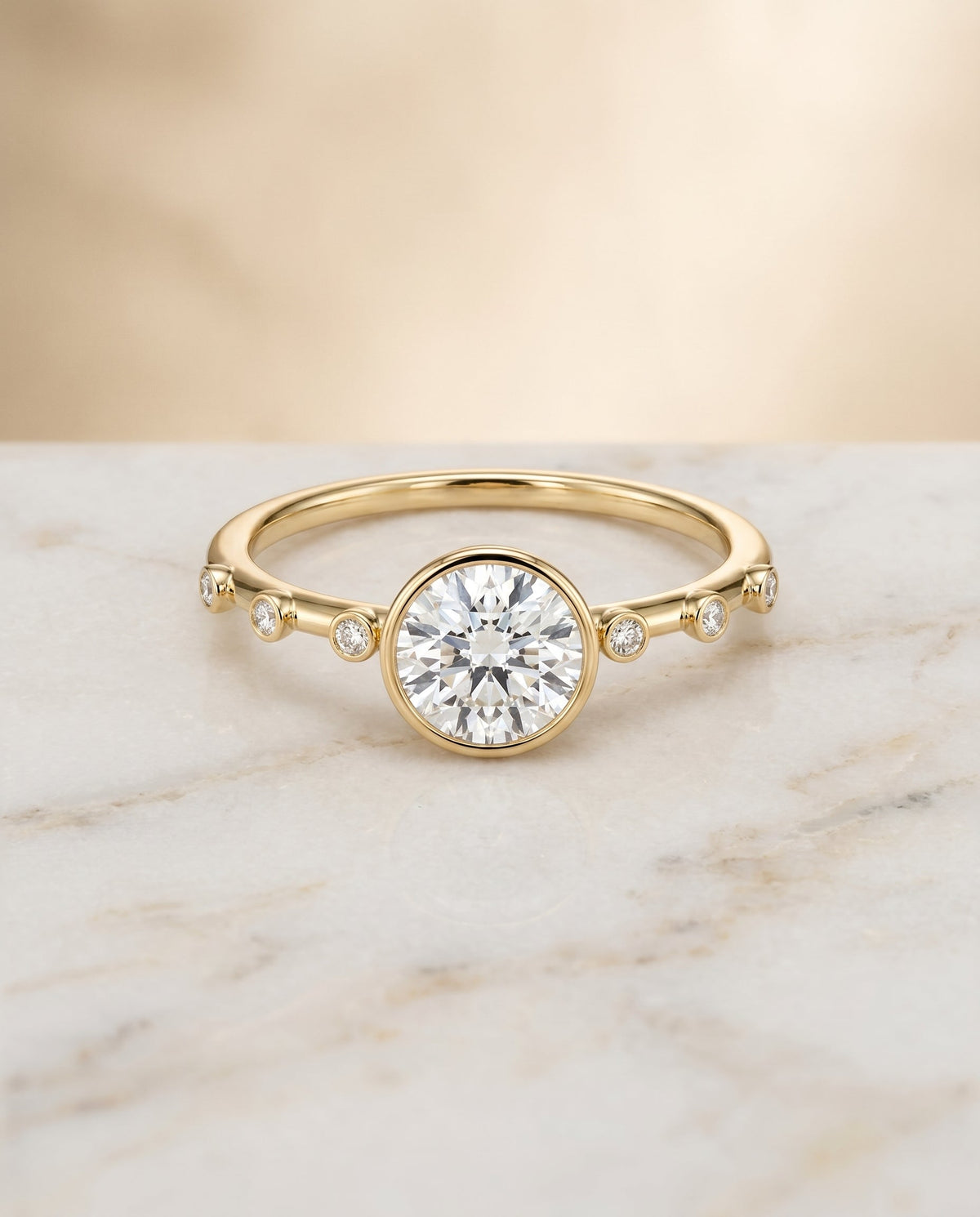 Brandi Select Solitaire Round Lab Diamond Engagement Ring in 18K Yellow Gold, shown on hand, angled | RockHer