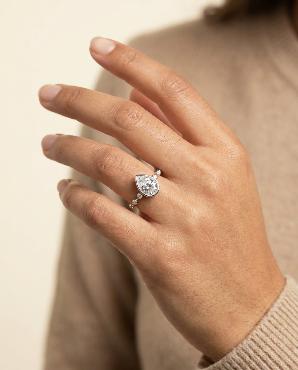Brandi Select Solitaire Princess Cut Lab Diamond Engagement Ring in 18K White Gold, shown on hand | RockHer