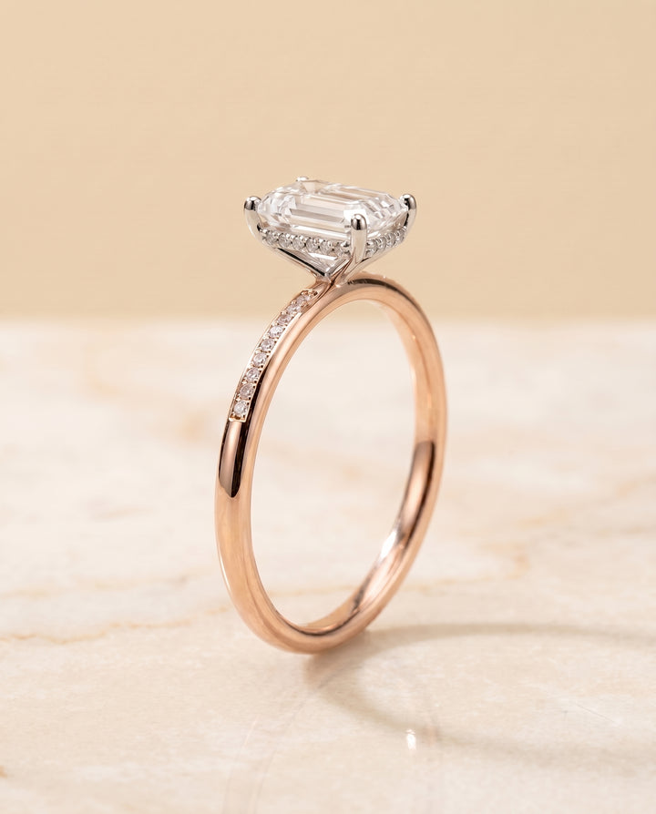 The Brenda Hidden Halo Engagement Ring Setting for Emerald Diamonds in 14K Rose Gold