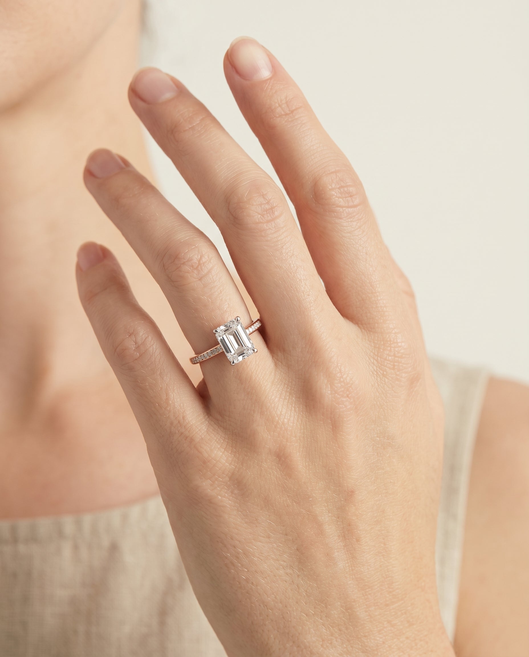 The Brenda engagement ring setting in precious metal, hidden halo engagement ring setting for emerald diamonds in 14k rose...