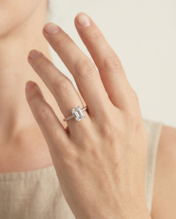 The Brenda Hidden Halo Engagement Ring Setting for Emerald Diamonds in 14K Rose Gold