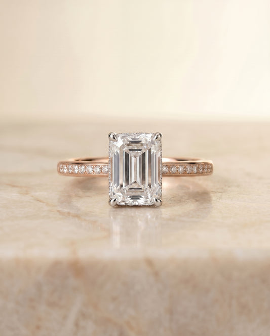 The Brenda Hidden Halo Engagement Ring Setting for Emerald Cut Diamonds in 14K Rose Gold