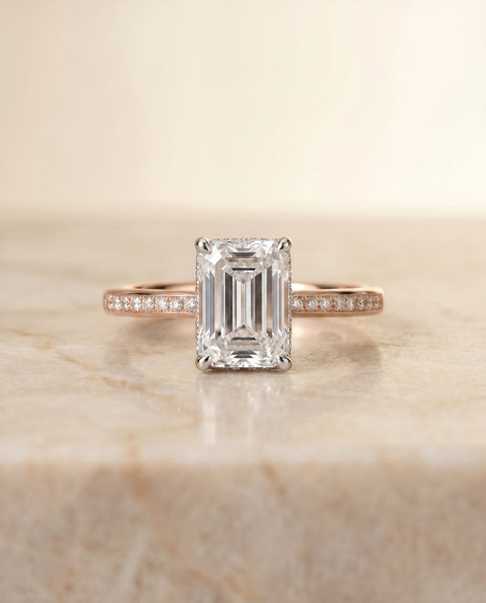 The Brenda Select High Hidden Halo Solitaire Emerald Cut Engagement Ring with Lab Diamond in 14K Rose Gold — view 1