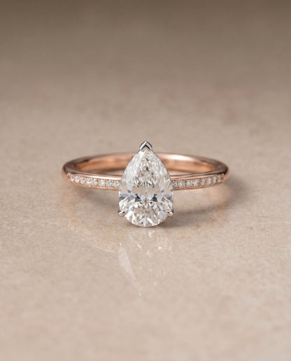 Brenda Select Hidden Halo Princess Cut Lab Diamond Engagement Ring in 14K Rose Gold, shown on hand, angled | RockHer
