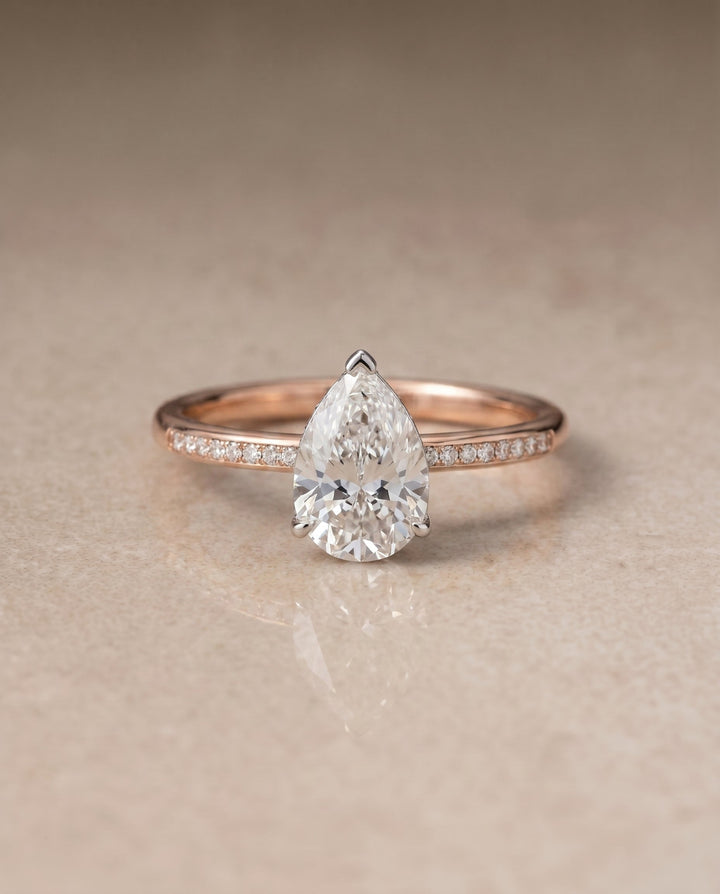 Brenda Select Hidden Halo Princess Cut Lab Diamond Engagement Ring in 14K Rose Gold, shown on hand, angled | RockHer