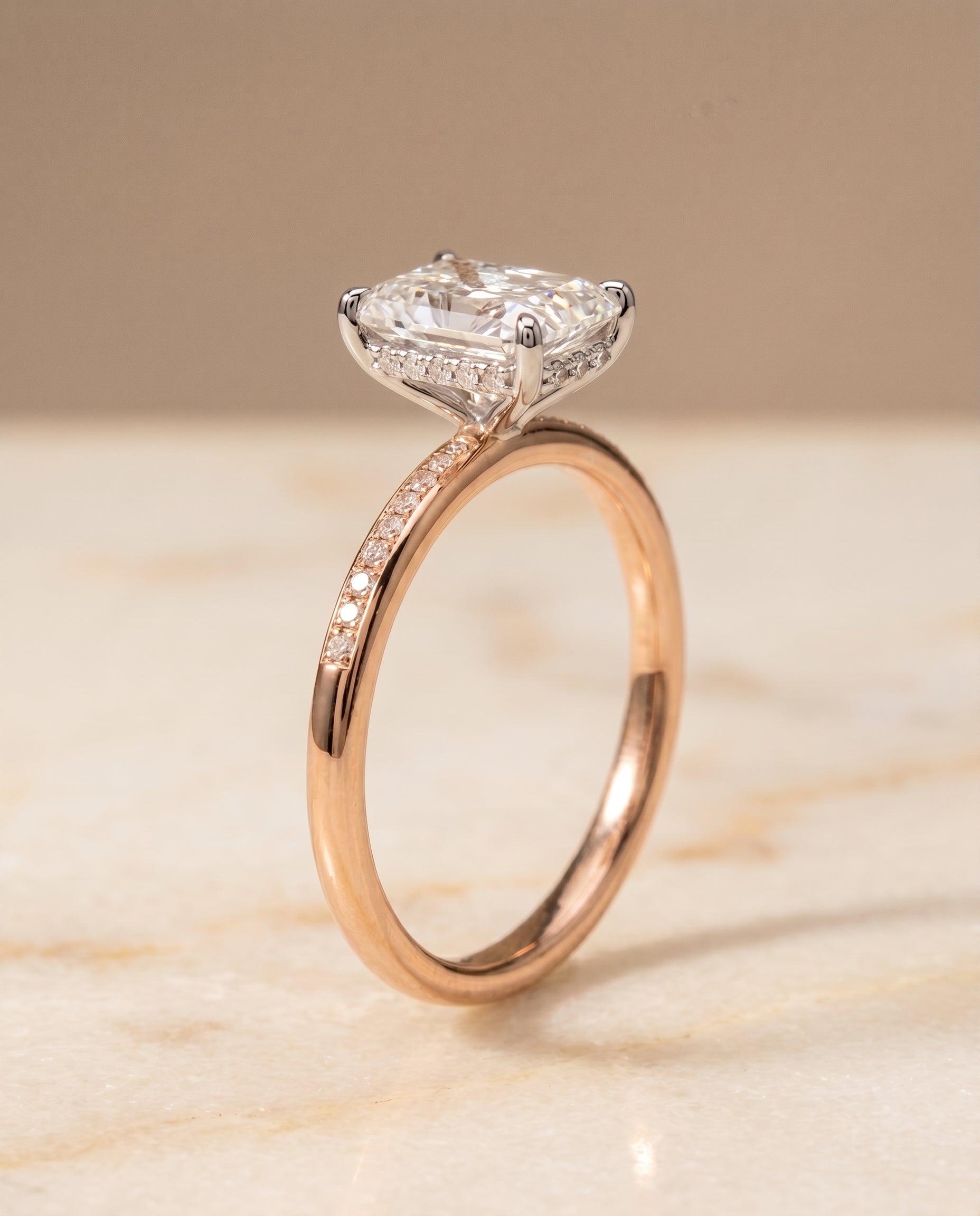 High Hidden Halo Solitaire Cut styling on The Brenda radiant engagement ring setting | RockHer