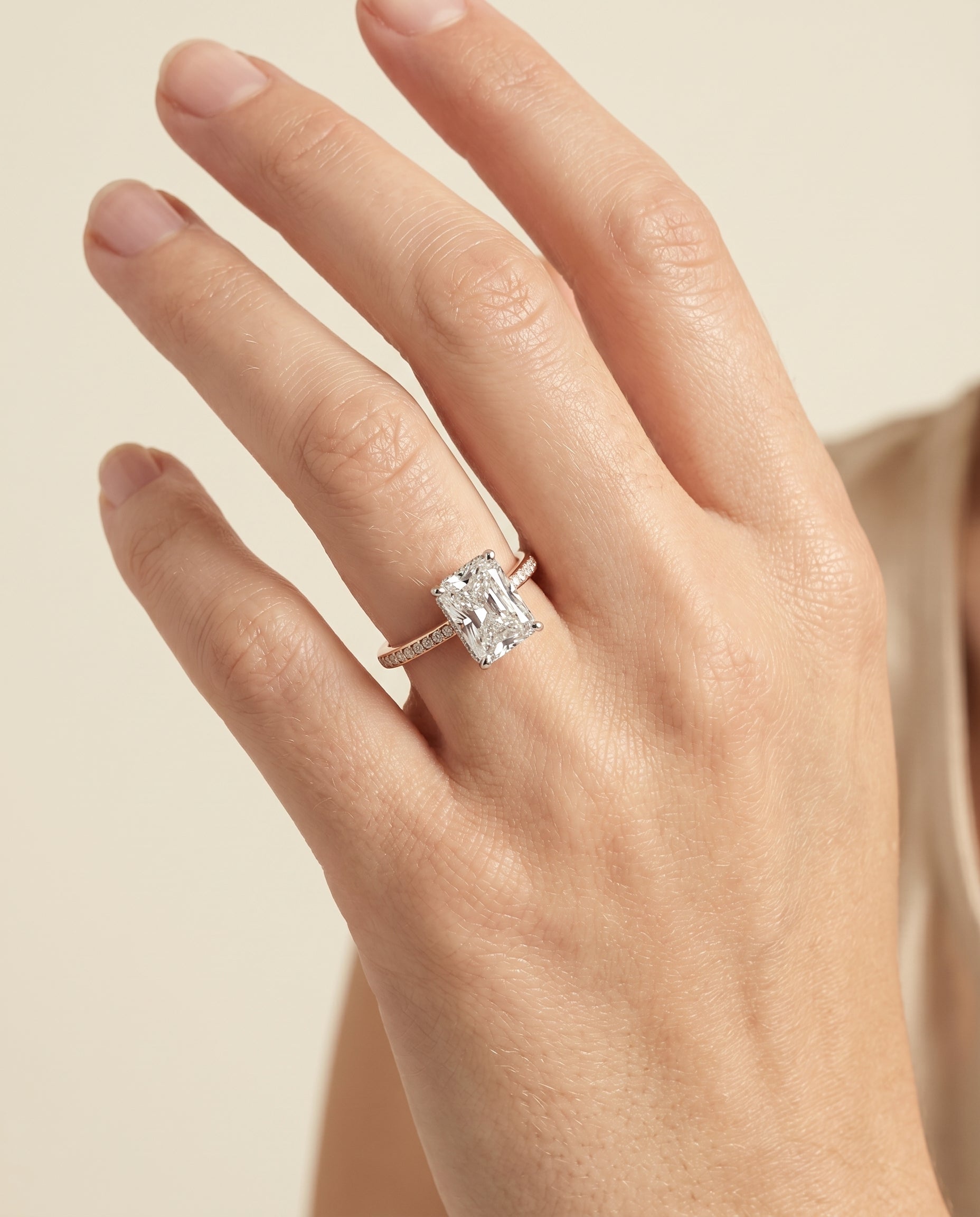 The Brenda engagement ring setting in 14K Rose Gold, high hidden halo solitaire cut design | RockHer
