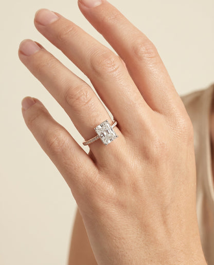 Brenda Select Hidden Halo Radiant Cut Lab Diamond Engagement Ring in 14K Rose Gold, shown on hand | RockHer