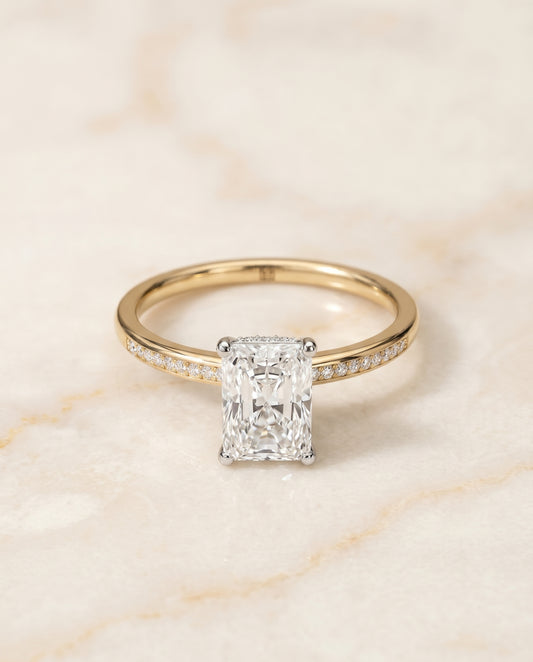 The Brenda Hidden Halo Engagement Ring Setting for Radiant Diamonds in 18K Yellow Gold
