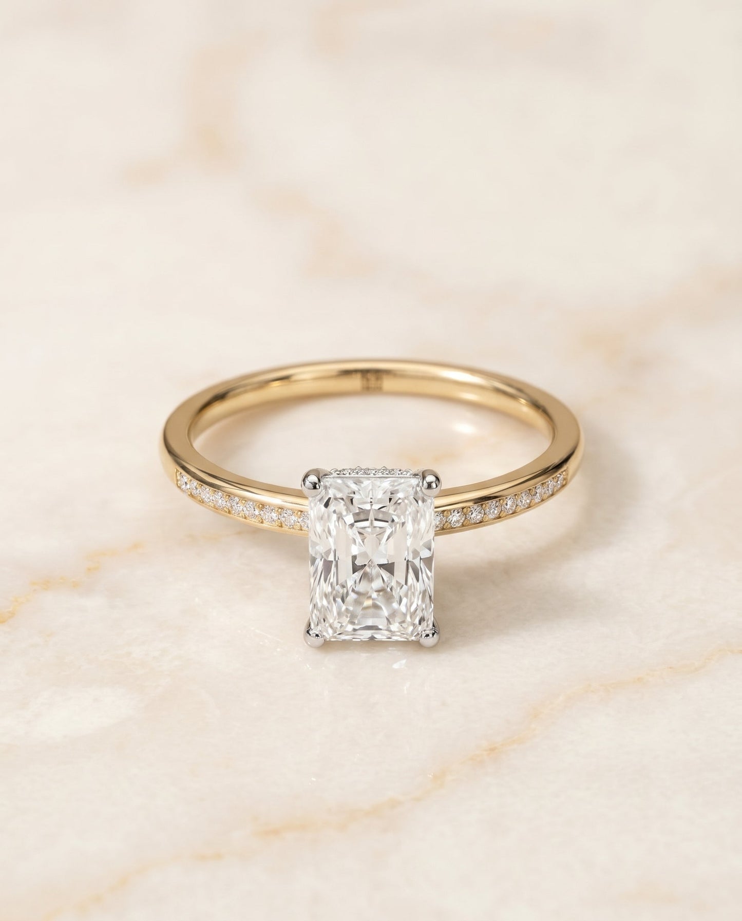 Brenda Select 18ky With High Hidden Halo Prong Set Diamonds Ey80312hivs Ra100 Radiant Cut Lab Diamond Engagement Ring in 18K Yellow Gold, shown on hand, angled | RockHer