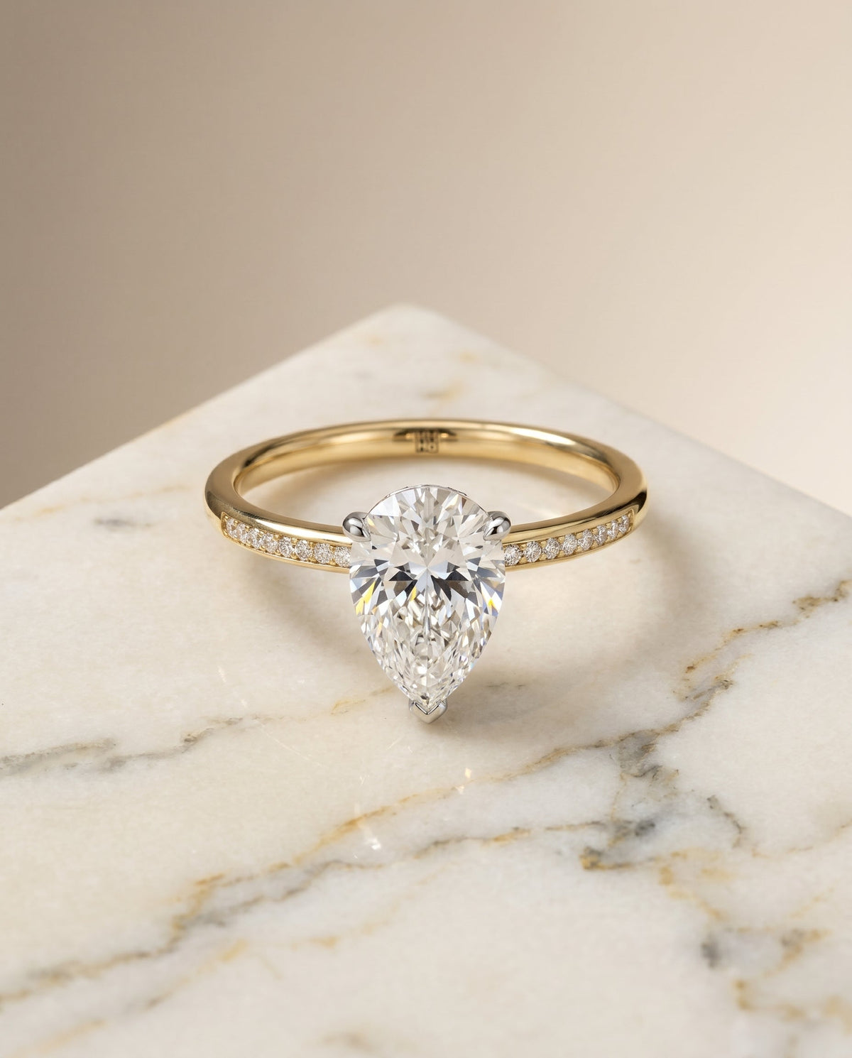 Brenda Select Hidden Halo Princess Cut Lab Diamond Engagement Ring in 18K Yellow Gold, shown on hand, angled | RockHer