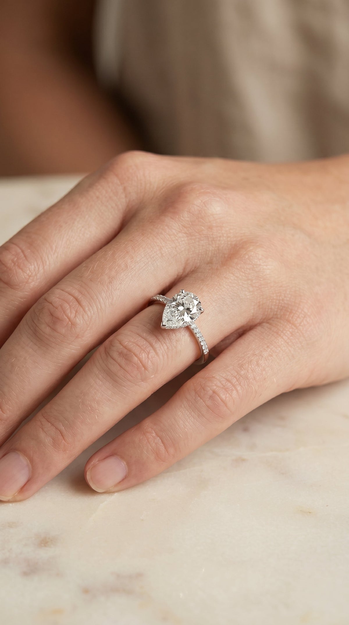 Brenda Select Hidden Halo Princess Cut Lab Diamond Engagement Ring in 18K White Gold, shown on hand, angled | RockHer
