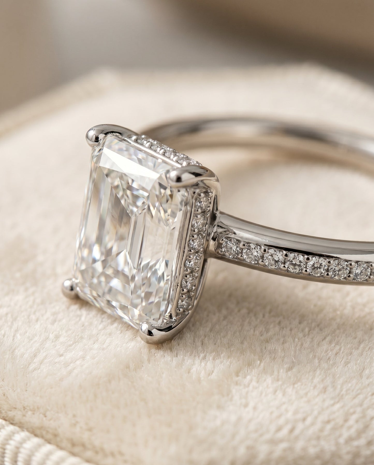 Brenda Select With High Hidden Halo Prong Set Diamonds Pt80312hivs Ra100 Radiant Cut Lab Diamond Engagement Ring in Platinum, detail view | RockHer