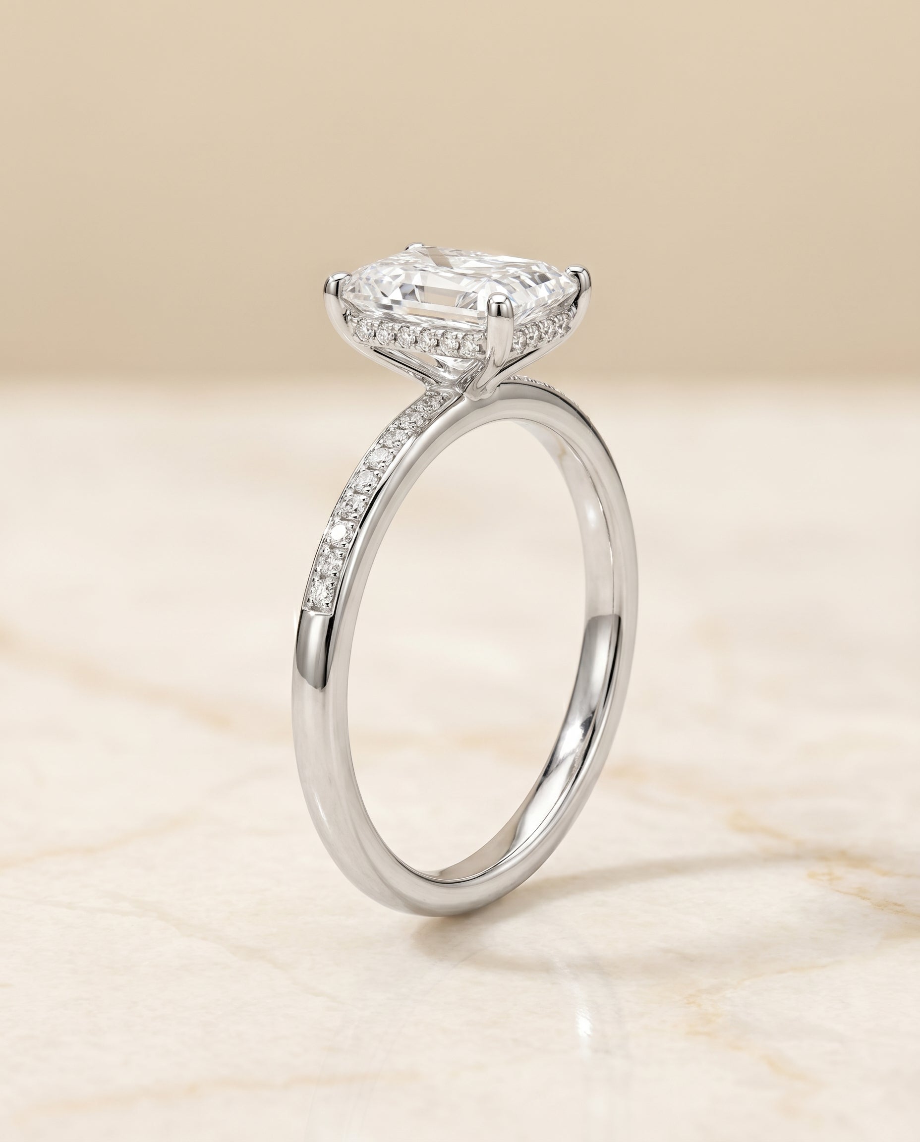 Brenda Select High Hidden Halo Solitaire Radiant Cut Lab Diamond Engagement Ring in 18K White Gold, front view | RockHer