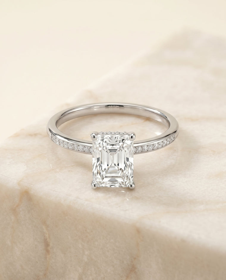 The Brenda Select High Hidden Halo Solitaire Radiant Cut Lab Diamond Engagement Ring in 18K White Gold